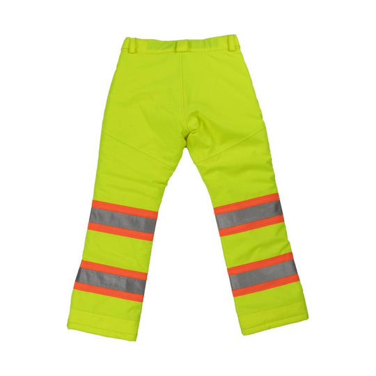 High-visibility lime green insulated work pants with reflective orange and gray stripes on the lower legs