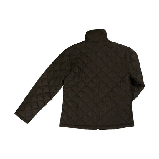 Dark quilted jacket shown from the back with a stand collar and long sleeves
