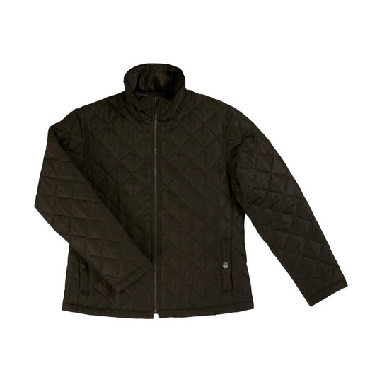 Dark quilted zip-front jacket with high stand collar and long sleeves