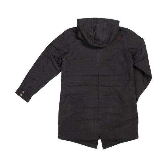 Black hooded women's jacket shown from the back with a long parka-style hem and buttoned cuffs