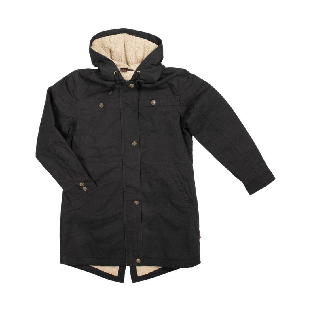 Black hooded parka with sherpa lining and button front
