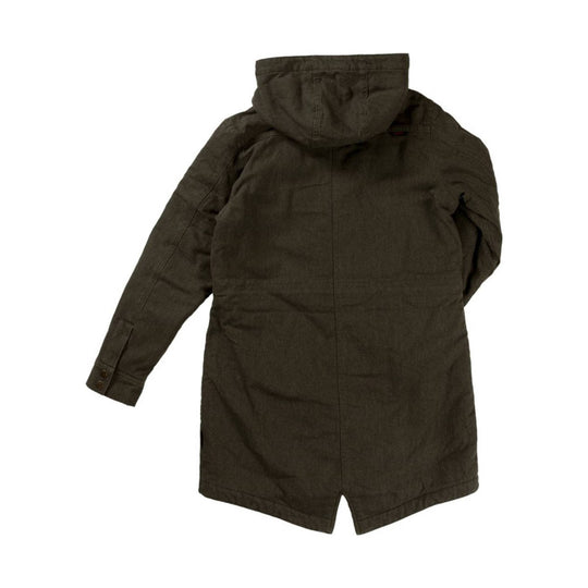 Dark olive hooded parka shown from the back with long sleeves and buttoned cuffs