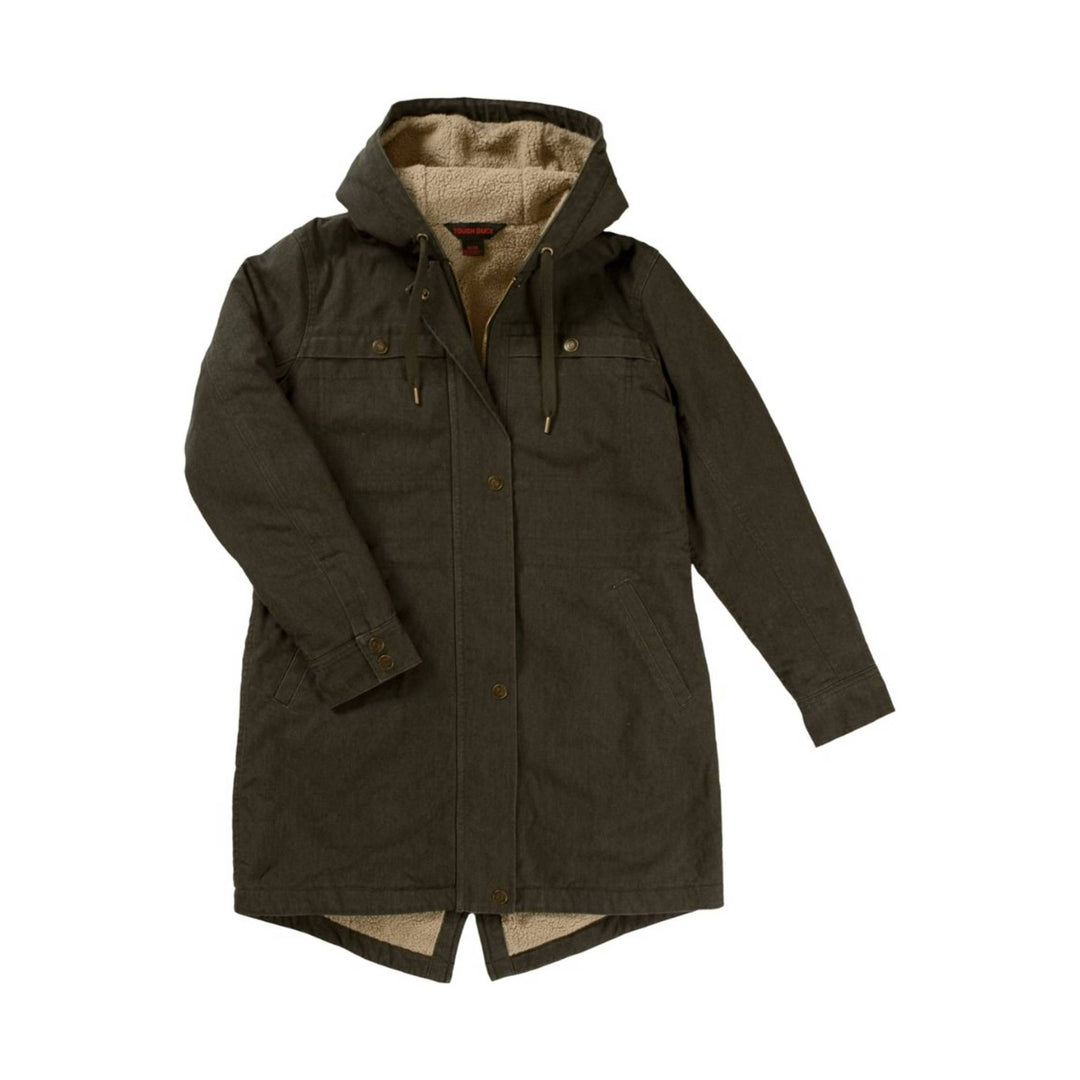 Brown hooded sherpa-lined coat with snap front, drawstring hood, and front pockets