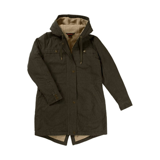 Brown hooded sherpa-lined coat with snap front, drawstring hood, and front pockets