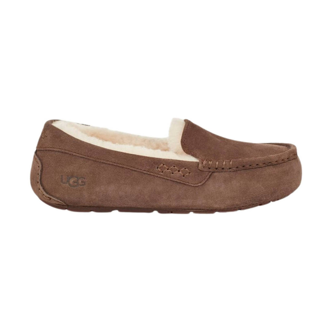 Brown suede slip-on moccasin slipper with cream shearling lining and UGG logo on the side