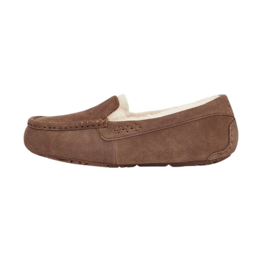 Brown suede moccasin slipper with cream shearling lining and side stitching