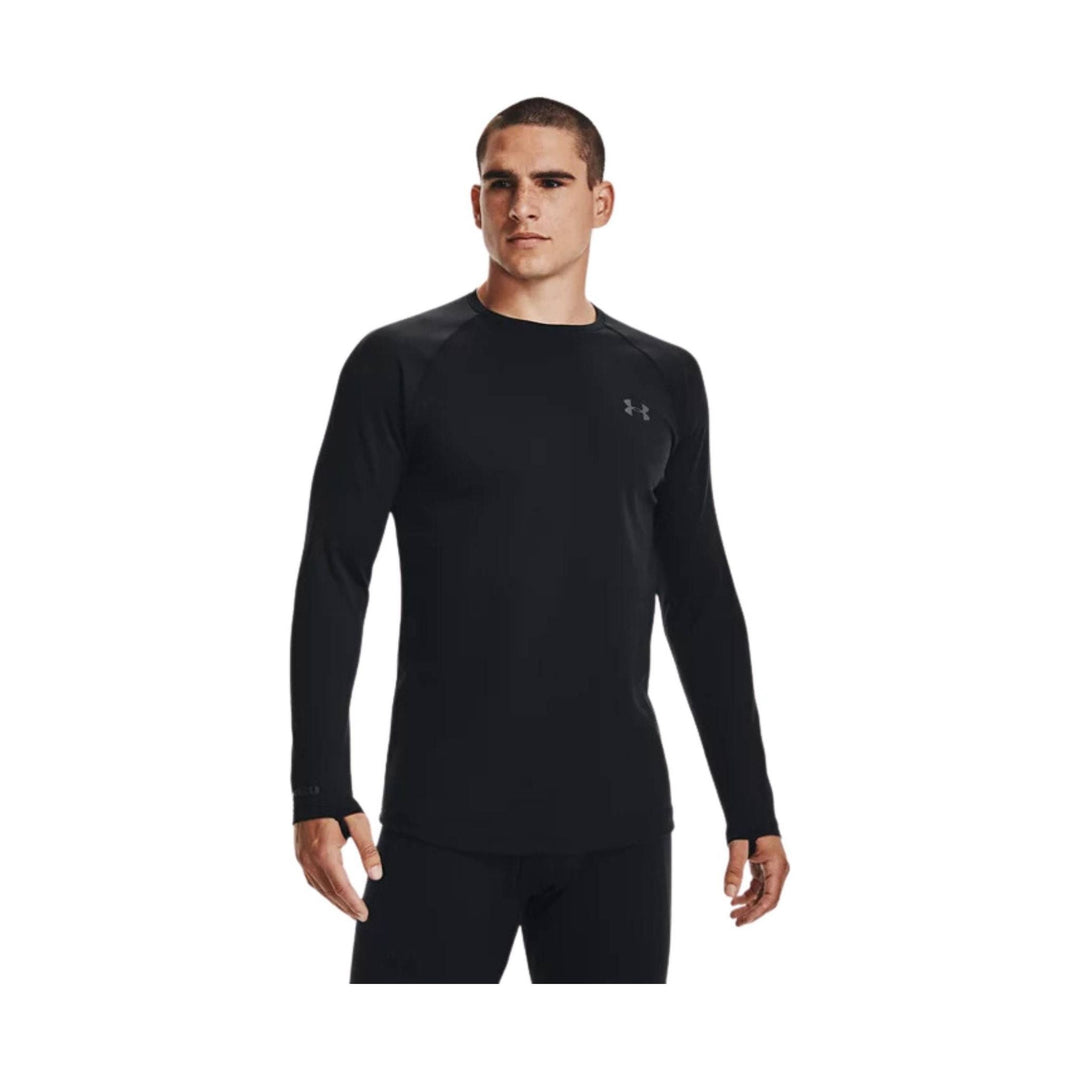 Black long-sleeve crewneck athletic base layer top on a model