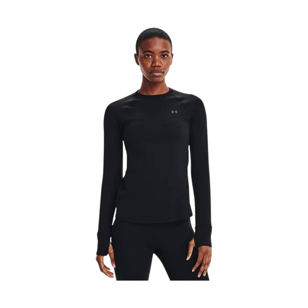 Black long-sleeve athletic crew top with a small chest logo