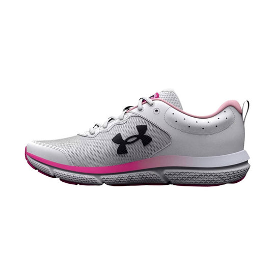 White athletic sneaker with pink trim and a black side logo
