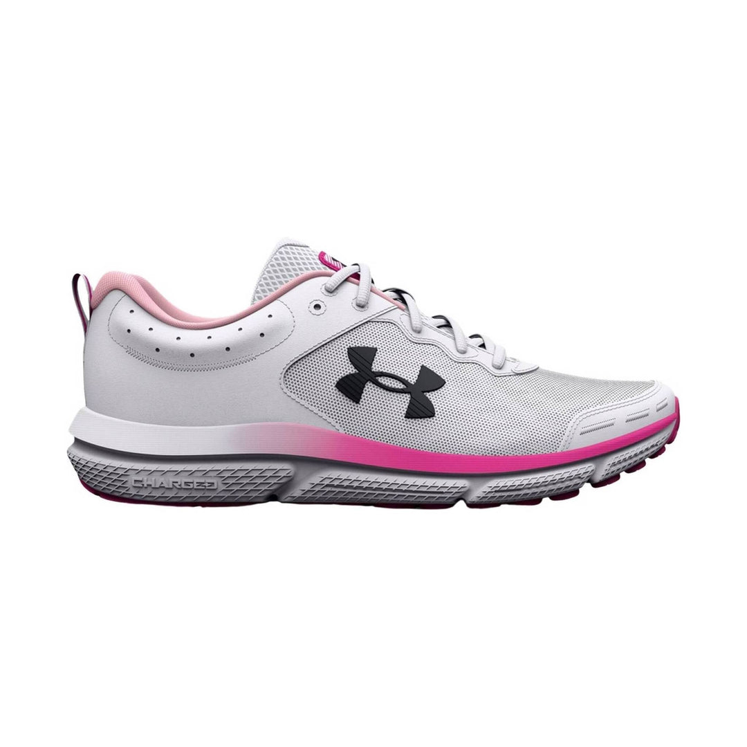 White and pink athletic running shoe with mesh upper, black side logo, and thick cushioned sole