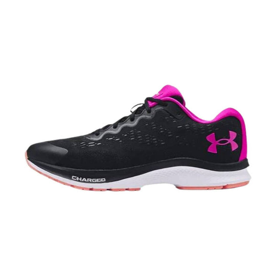 Black running shoe with bright pink collar and heel logo, white midsole, and pink outsole accents