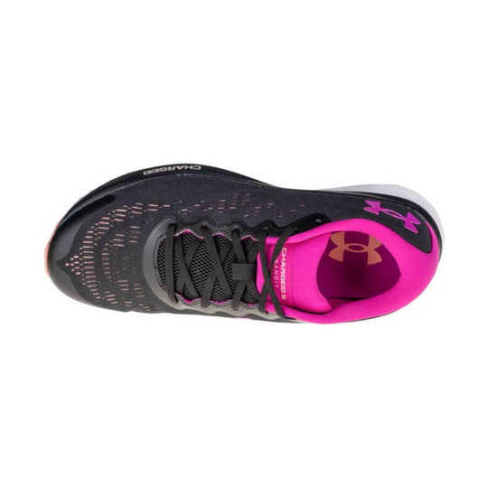 Black running shoe with bright pink collar, laces, and side logo, shown from above