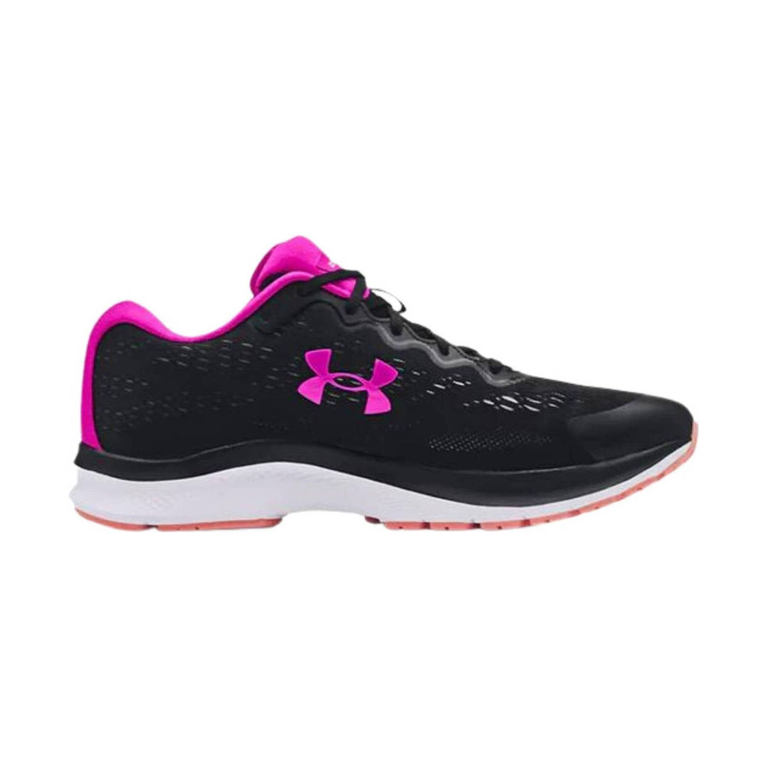 Black running shoe with bright pink lining and logo, white midsole, and pink outsole accents