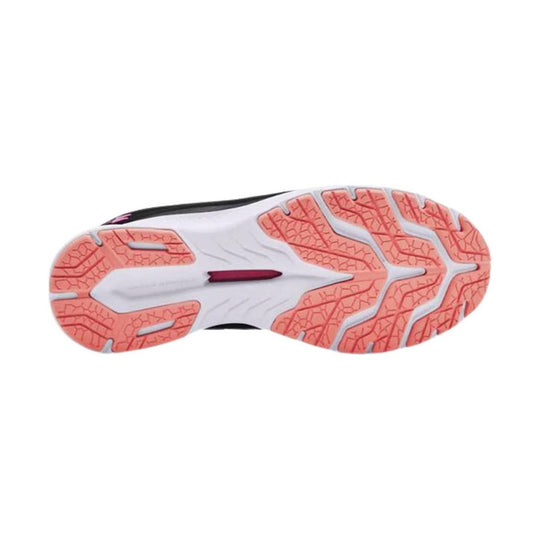 White running shoe sole with coral traction pods and light blue grooves