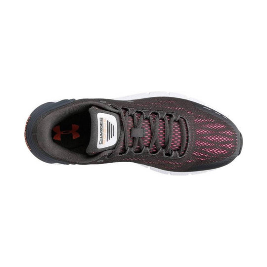 Black athletic sneaker with pink accents, white midsole, and lace-up mesh upper