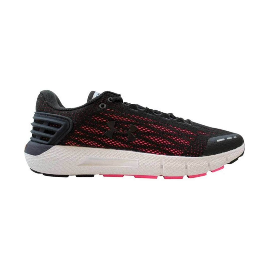 Black and pink athletic running shoe with a white midsole and pink outsole accents