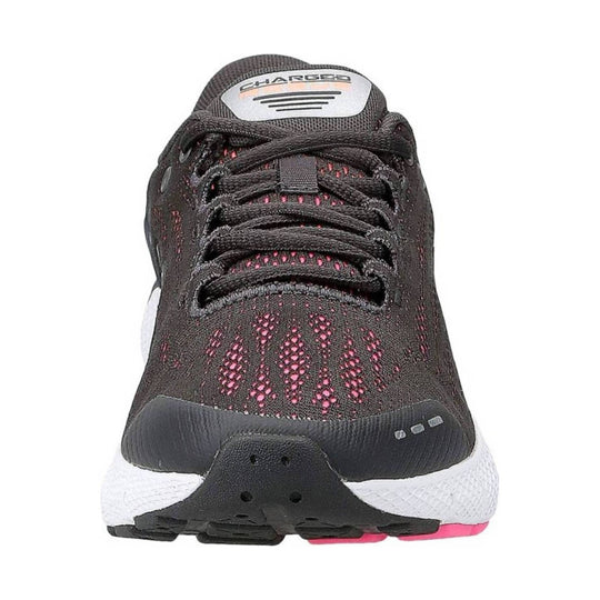 Black mesh running shoe with pink accents, white midsole, and visible laces