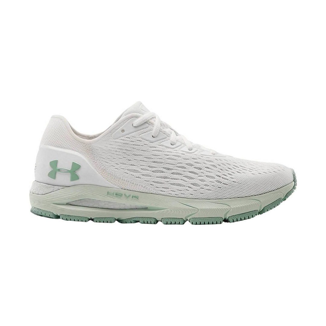 White knit running shoe with mint green sole and heel logo, side view