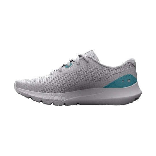 Light gray athletic running shoe with mesh upper, white sole, and teal heel accent, shown in side profile