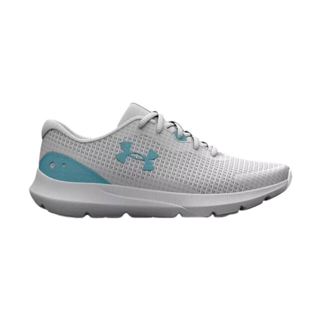 Light gray running shoe with teal Under Armour logo and heel accent, side view