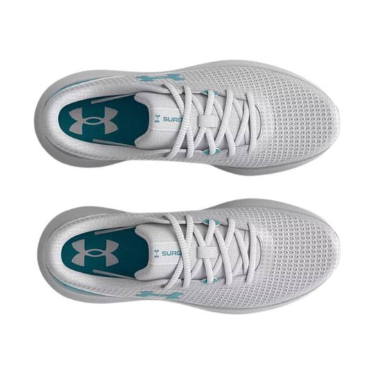 Light gray athletic running shoes with white laces and teal insoles, shown from above