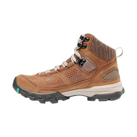 Brown mid-height hiking boot with mesh side panels, white laces, and a black lug sole