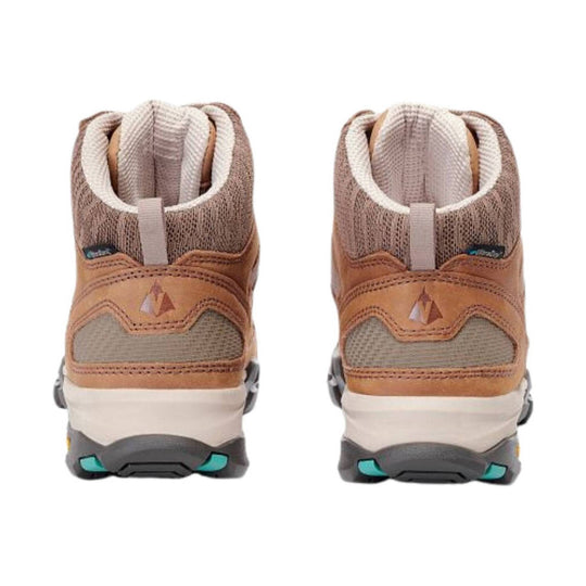 Tan and gray mid-height hiking boots shown from the back