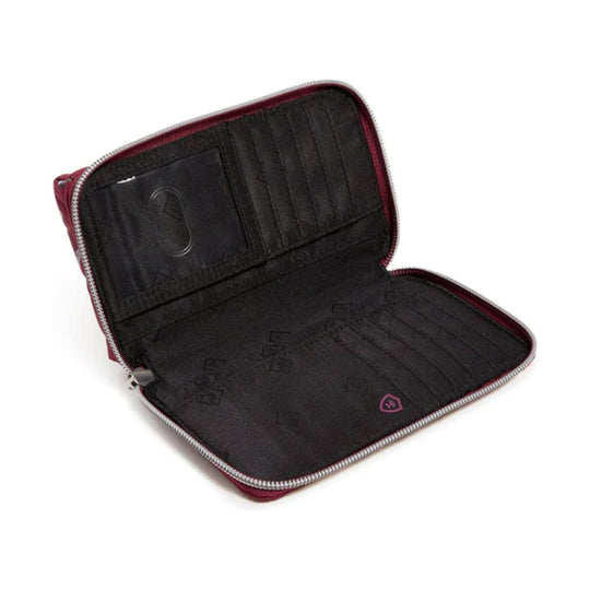 Open burgundy zip-around wallet with black card slots and clear ID window