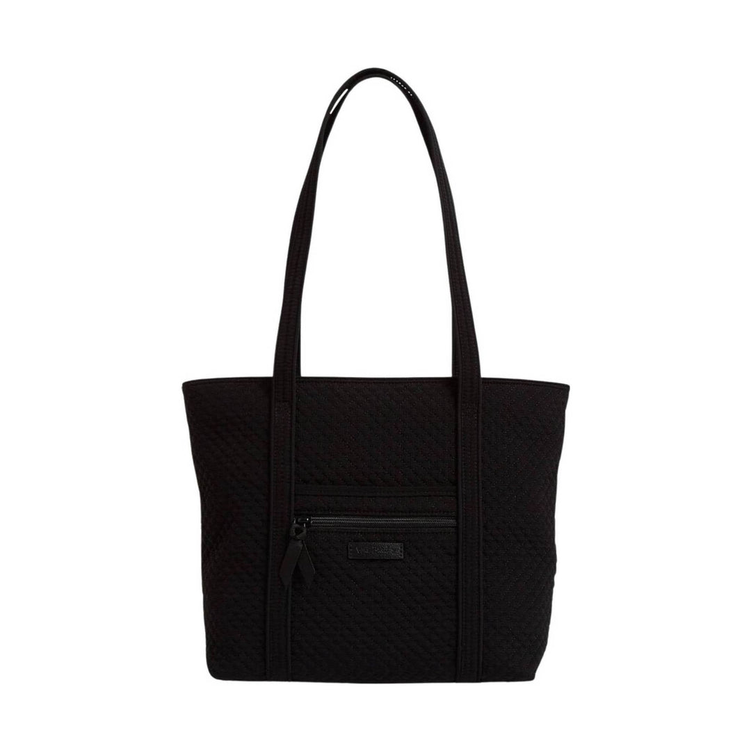 Black quilted tote bag with long shoulder straps and a front zip pocket