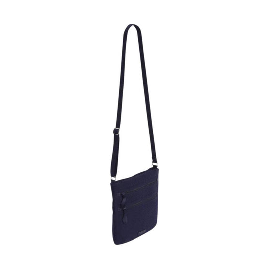 Dark navy crossbody pouch with a long adjustable strap and front zip pockets