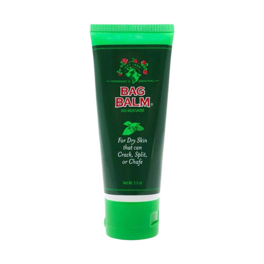Green tube of skin moisturizer labeled for dry skin that can crack, split, or chafe