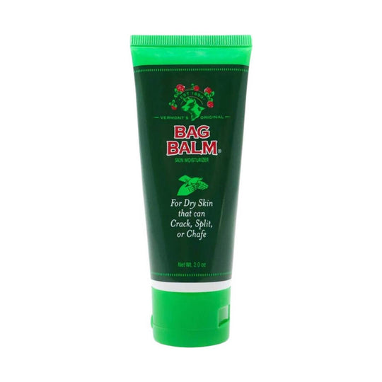 Green tube of skin moisturizer labeled for dry skin that can crack, split, or chafe