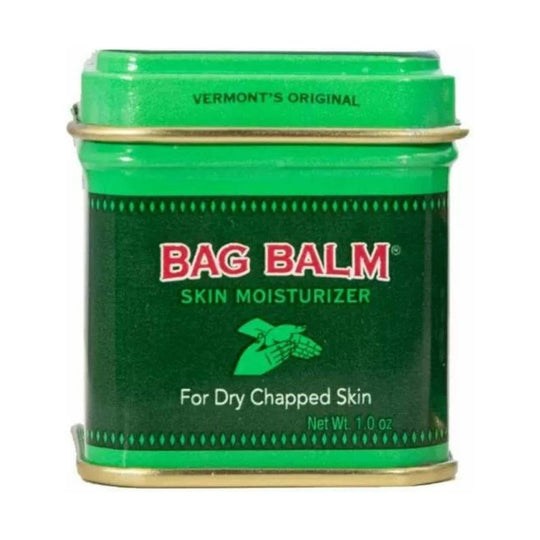 Green metal tin of skin moisturizer with a gold rim and red-and-white label