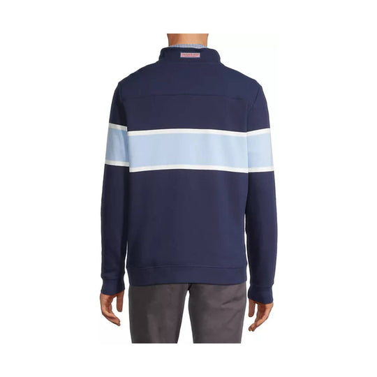 Navy long-sleeve quarter-zip pullover with light blue and white horizontal stripe across the back and sleeves