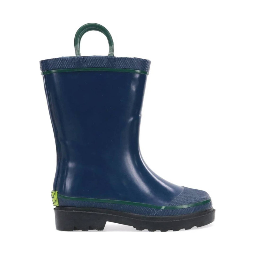 Blue knee-high rain boot with green trim, black sole, and back pull handle