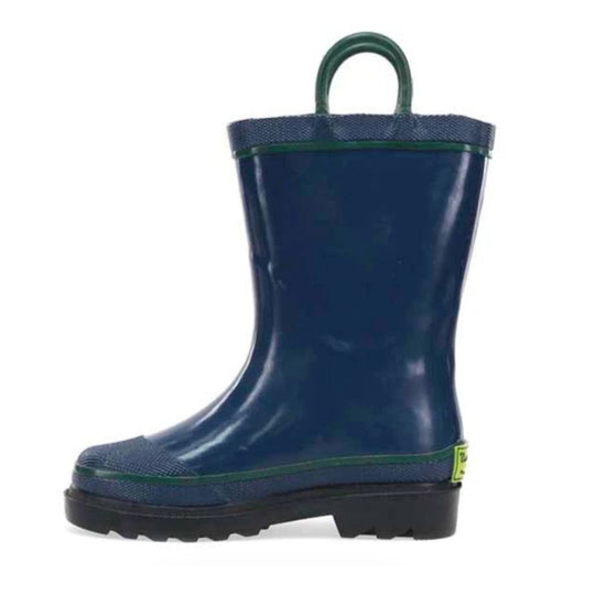 Blue mid-calf rain boot with green trim, pull handle, and black lug sole