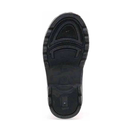 Black rain boot outsole with deep tread and small swoosh logo