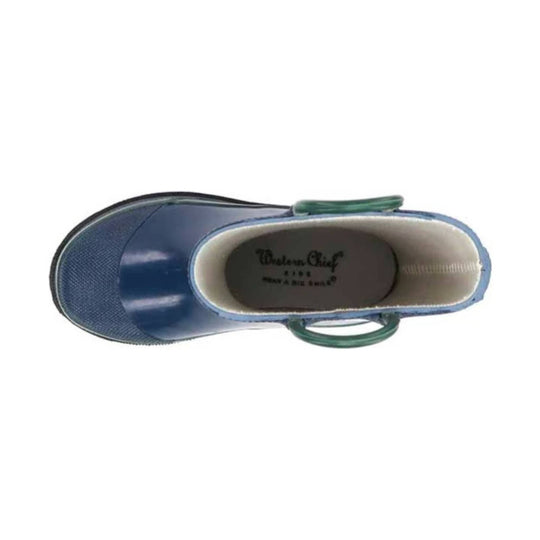 Blue rain boot with green handles, textured toe cap, and white lining, viewed from above