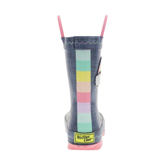 Tall blue rain boot with pastel striped back panel and pink pull tabs