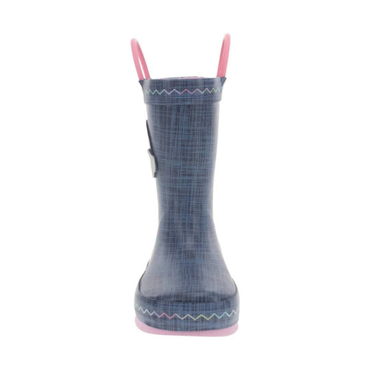 Blue patterned rain boot with pink pull handles and zigzag trim