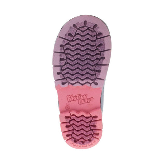 Pink and lavender boot sole with wavy tread pattern and Western Chief branding