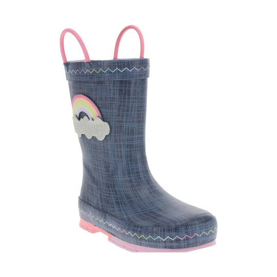Dark blue rain boot with pink handles, rainbow cloud detail, and pink sole trim