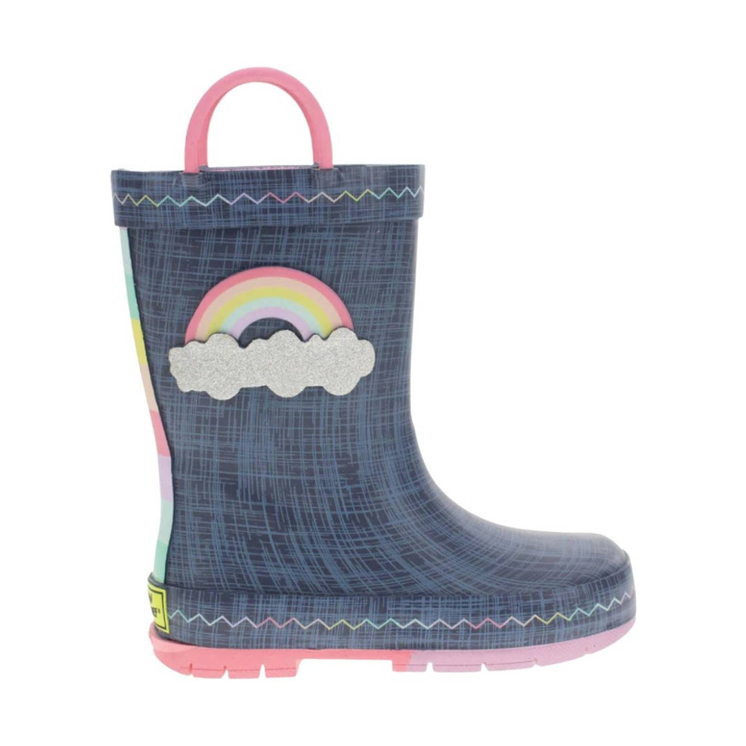Navy rain boot with pink handle, rainbow and cloud graphic, and pastel zigzag trim