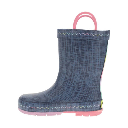 Dark navy kids rain boot with pink handles, multicolor zigzag trim, and pink sole