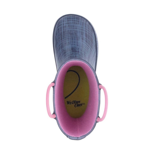 Tall navy rain boot with pink handles and pink lining, shown from above