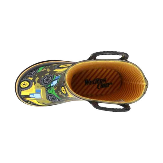 Top view of a printed kids' rain boot with yellow lining and handles