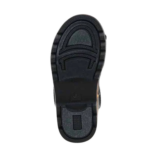 Black boot outsole with deep tread and molded traction pattern