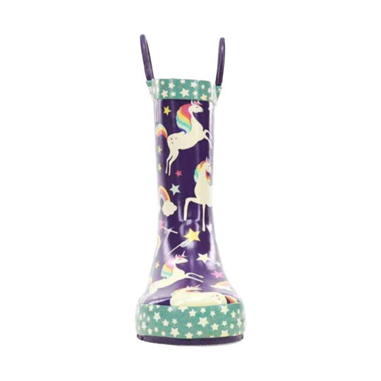 Purple rain boot with unicorns, stars, and rainbow trim