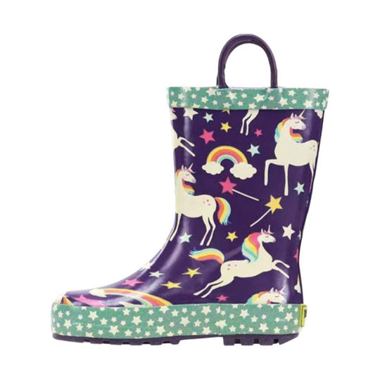 Purple child’s rain boot with unicorns, rainbows, and stars
