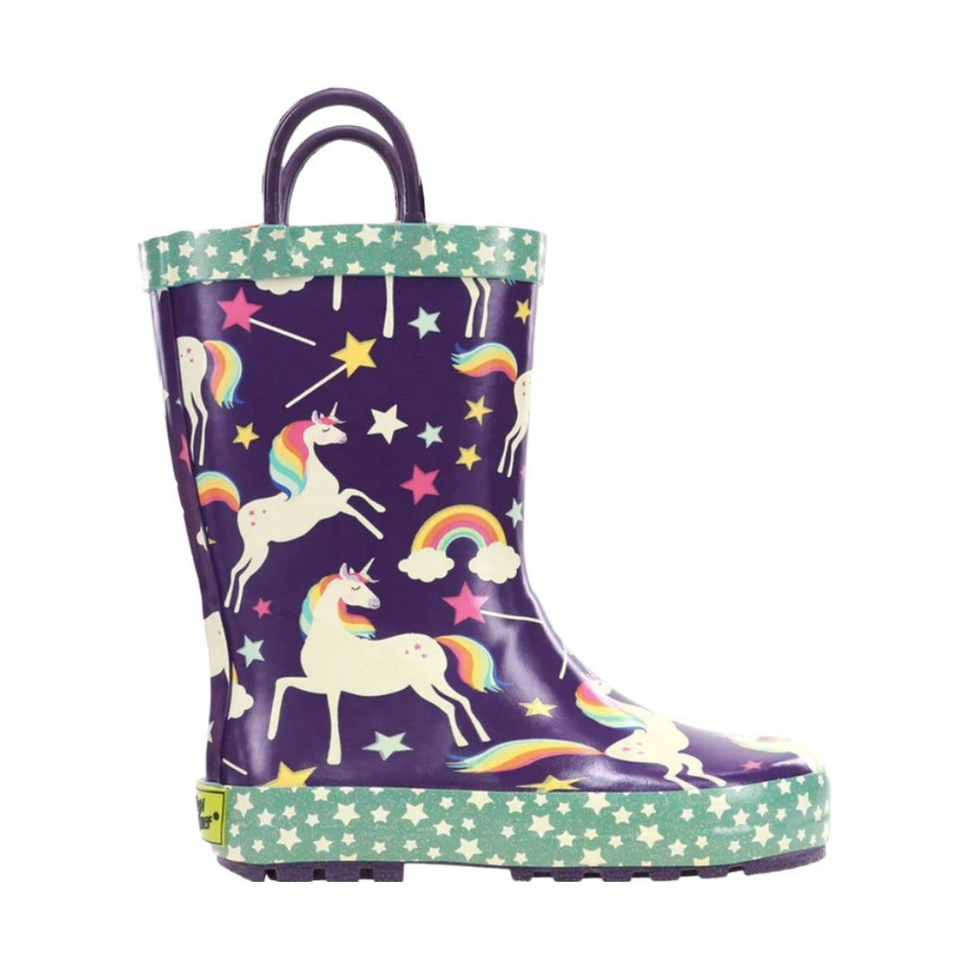 Purple rain boot with unicorns, rainbows, and stars